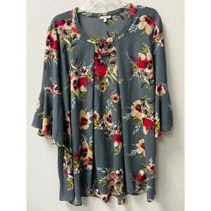 Jodifl Floral Print Bell Sleeve Blouse‎ Top Gray Red Beige
